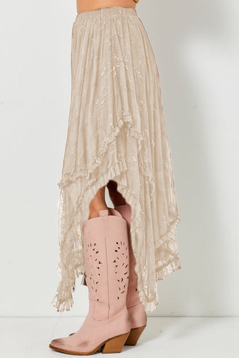 Bohemian Floral Lace Cascading Ruffle Tiered Asymmetrical Maxi Skirt